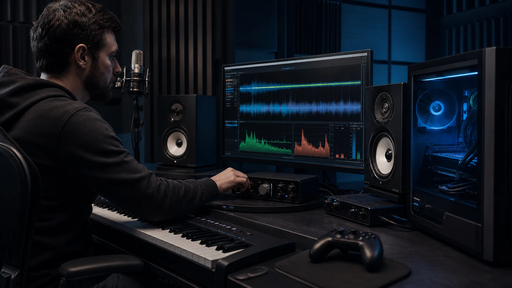 Audio-Engineer analysiert Echtzeitlatenzen an einer Gaming- und Musik-Workstation