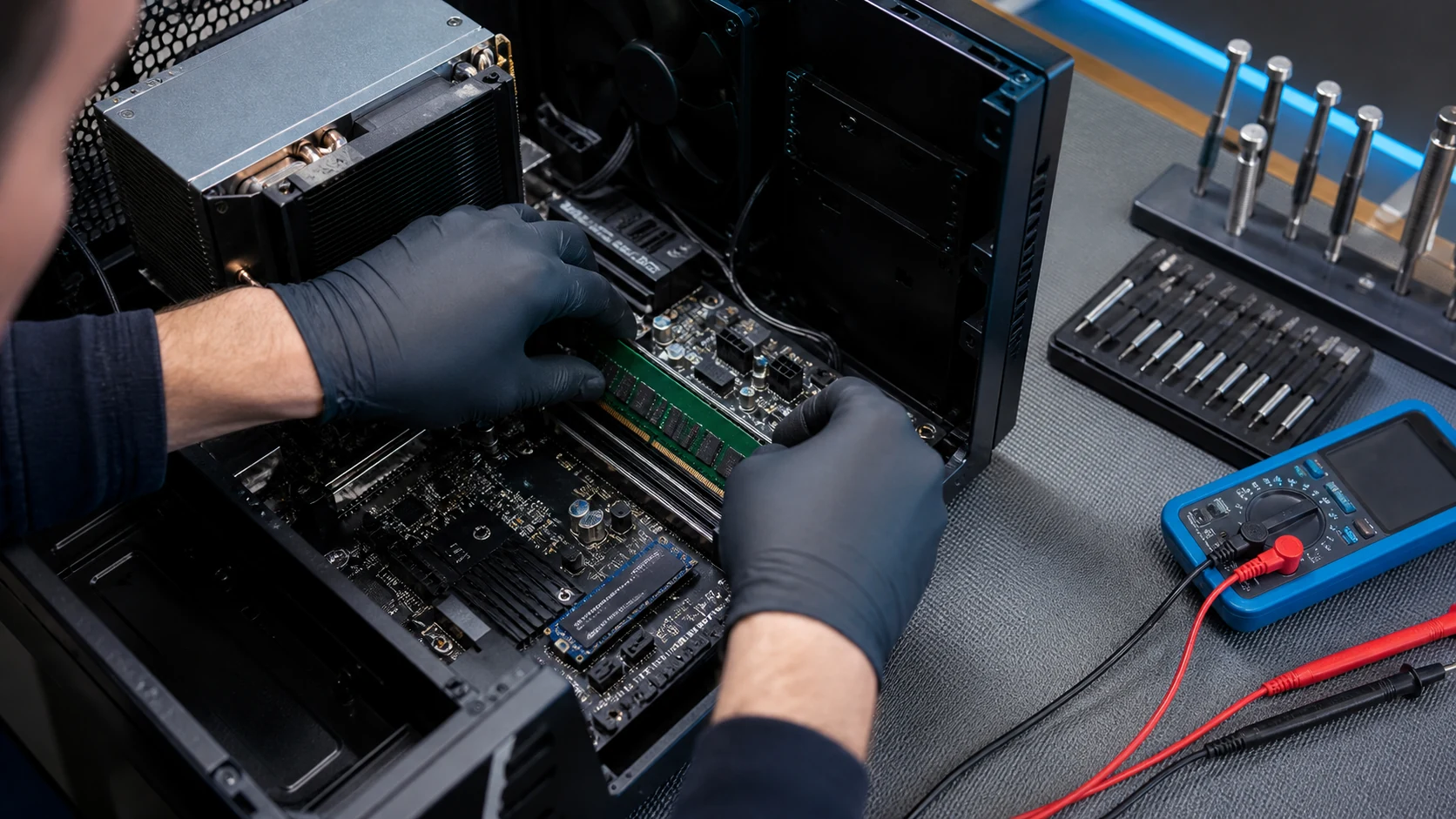 Techniker prüft Arbeitsspeicher und NVMe-SSD an einem geöffneten Desktop-PC