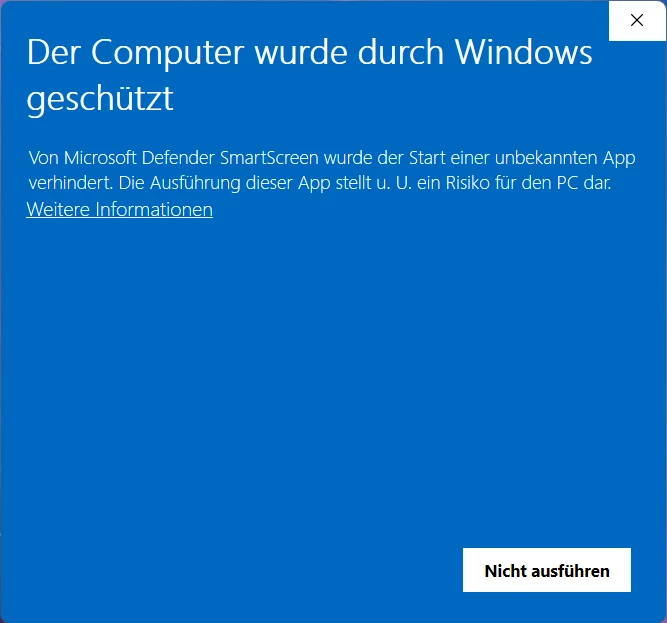 Windows-SmartScreen-Meldung mit dem Link Weitere Informationen