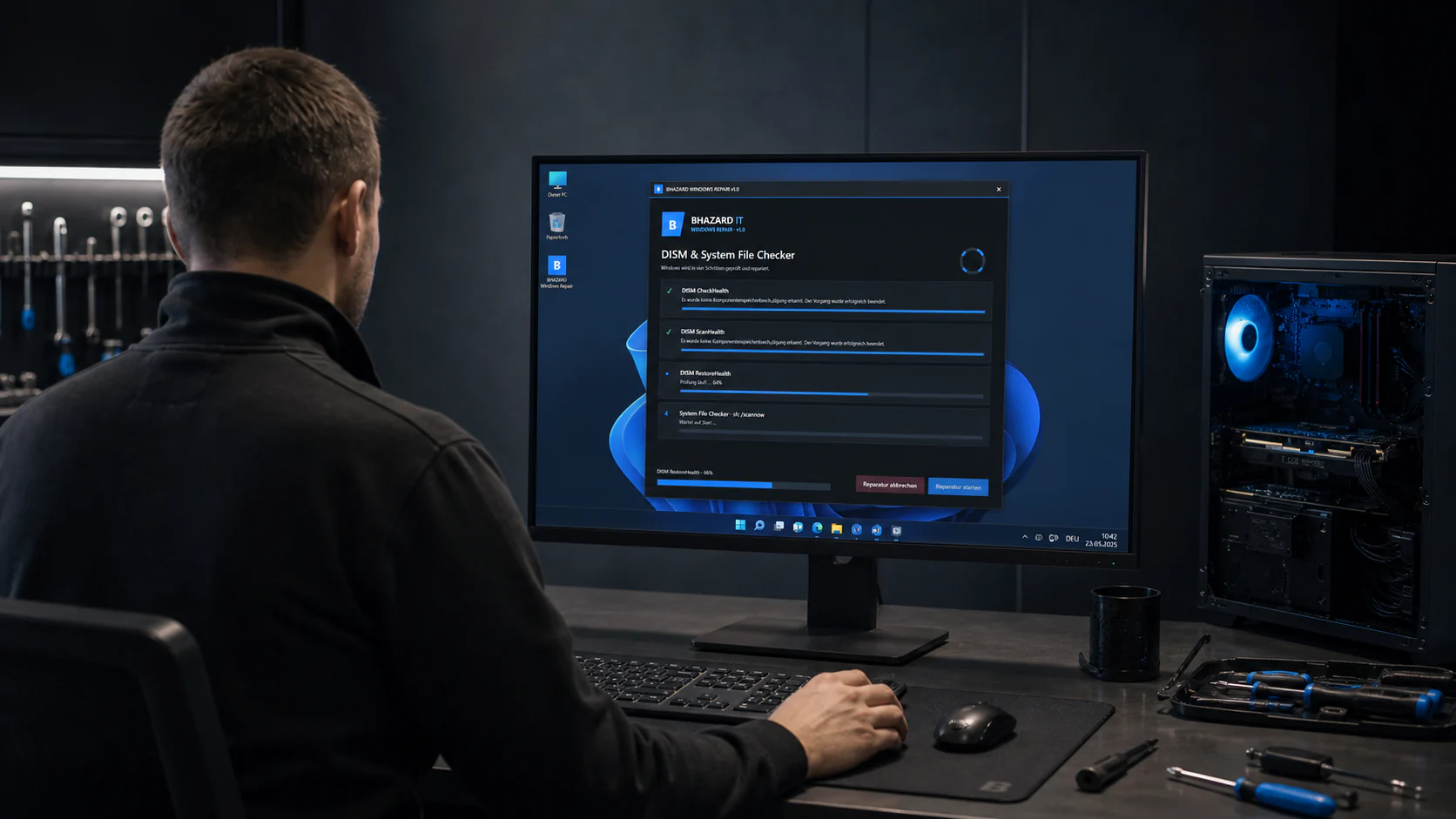 Techniker in einer professionellen Reparaturwerkstatt vor einem Monitor mit dem BHAZARD IT Win-Repair-Tool